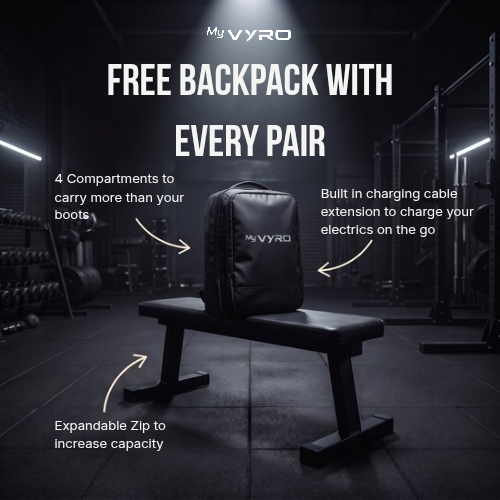 A black MyVYRO backpack for compression boots sits on a gym bench in a dark gym setting, with promotional text highlighting features like four compartments, built-in charging cable extension, and an expandable zip.