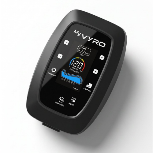 A black MyVyro digital pressure gauge controller with a glossy touch screen displaying 120 PSI, set against a clean white background.