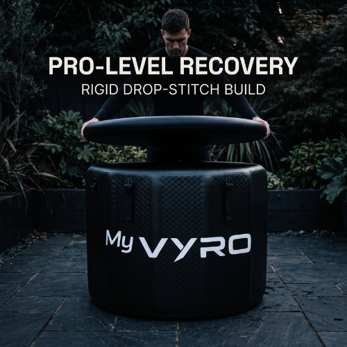 A man outdoors over a black cylindrical My VYRO inflatable ice bath, lifting the lid to show the interior stitching. Large white text at the top reads 'PRO-LEVEL RECOVERY' and 'RIGID DROP-STITCH BUILD'.
