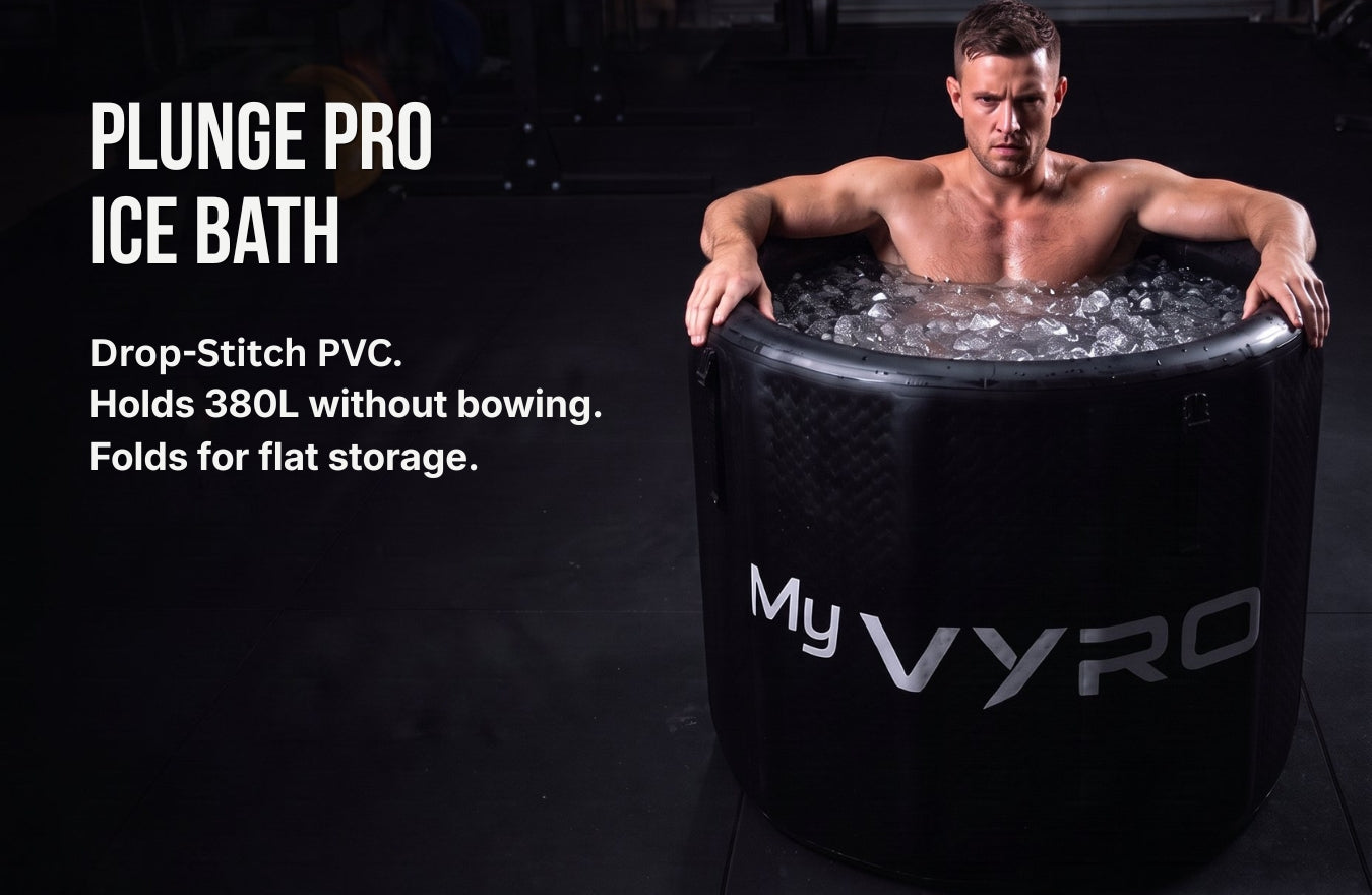 Plunge PRO ice bath. Drop-stitch PVC, holds 380 litres without bowing, folds for flat storage.