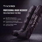 A long, padded MyVYRO Pulse PRO Compression Boots shown at an angle on a dark studio background, with promotional text on the left describing high-pressure compression and six compression chambers.