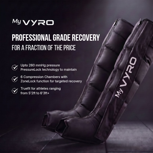 A long, padded MyVYRO Pulse PRO Compression Boots shown at an angle on a dark studio background, with promotional text on the left describing high-pressure compression and six compression chambers.