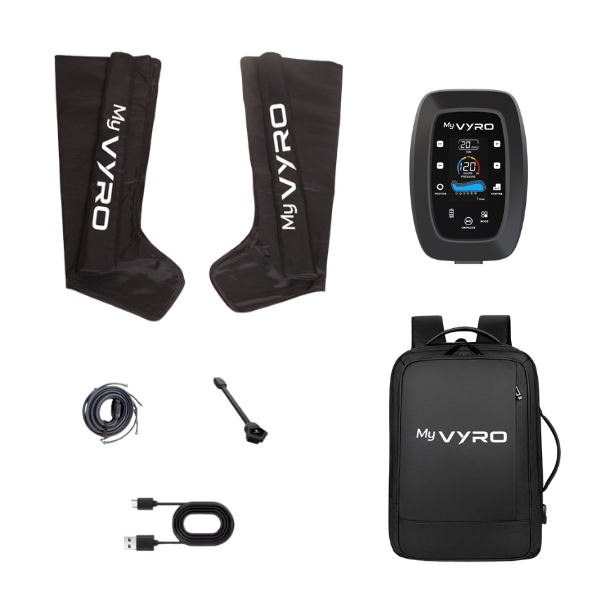 MyVYRO compression boots, control unit, backpack, and accessories on a  transparent background