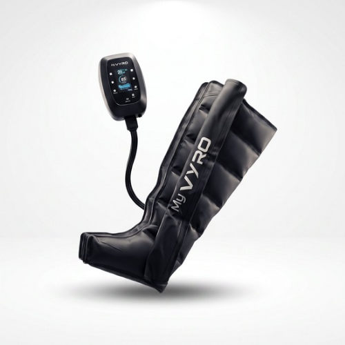 Black MyVyro compression boots with an attached digital control unit, shown floating against a clean white studio background.